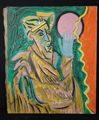 une image représentant un tableau où l'on voit un homme tenant une balle rose