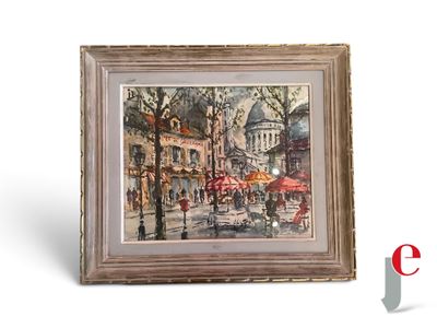 une image représentant une peinture d'une rue de la ville où des gens passent
