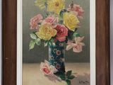 a painting of flowers in a vase on a table