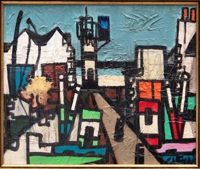 une image représentant une peinture d'un paysage urbain avec une tour horloge en arrière-plan
