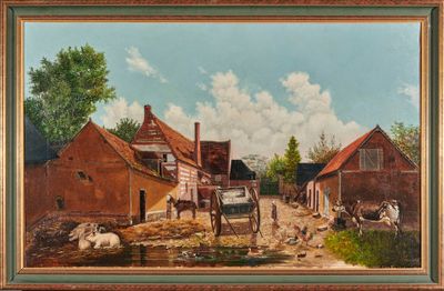 une peinture à l'huile représentant une scène de ferme avec des vaches et des chevaux
