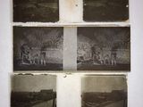 several old black and white photos of people riding horses on a track