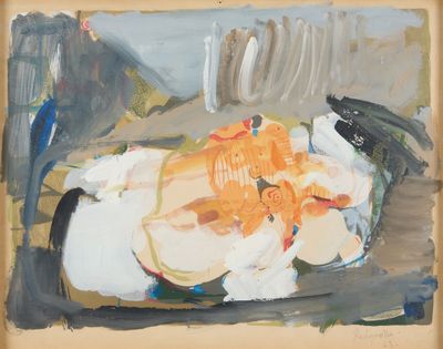 une peinture représentant une assiette de nourriture posée sur une table