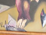 un tableau représentant une femme en robe rouge tenant un parapluie