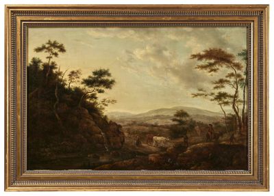 un tableau représentant un paysage avec du bétail et des arbres au premier plan