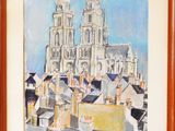 an image of a painting of a city with a church in the background