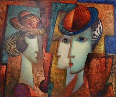 tableau représentant une femme coiffée d'un chapeau qui regarde le visage d'une autre femme dans un miroir
