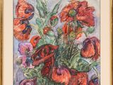 painting of red flowers in a gold frame on a blue background