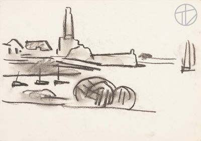 drawing of a boat in a body of water with a building in the background