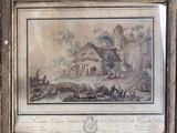 framed picture of a painting of a farm scene with a horse drawn by a man