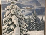 tableau représentant un arbre recouvert de neige au milieu d'un paysage enneigé
