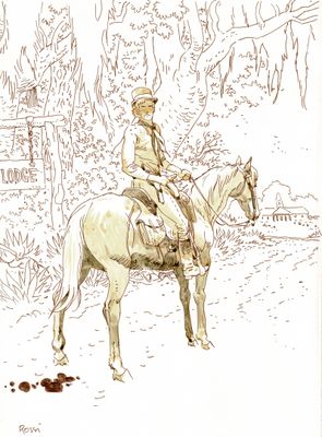 un dessin représentant un homme à cheval dans les bois