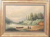 tableau représentant deux personnes dans un bateau sur une rivière, avec des montagnes en arrière-plan