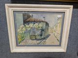 painting of a house with a thatched roof and flowers in a vase