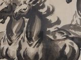 a painting of two horses running on the ground