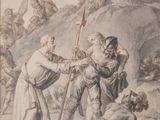painting of a group of men in a wooded area with a man holding a sword