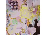 peinture abstraite représentant un chat noir entouré de fleurs et de lettres