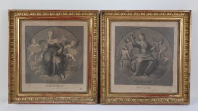 two framed pictures of a couple of paintings on a wall