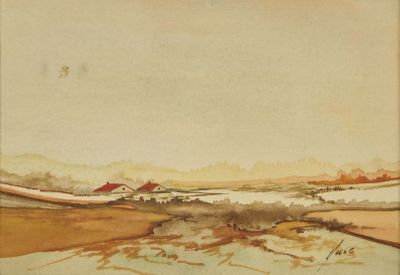 an image of a painting of a landscape with a red barn in the distance