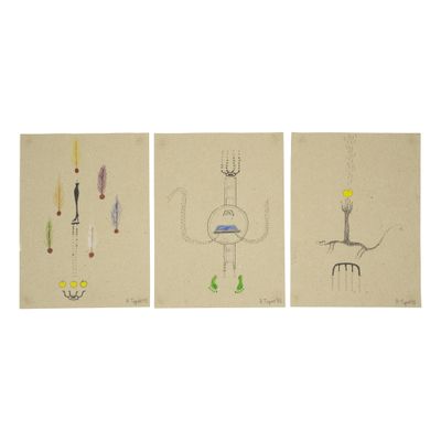 trois dessins représentant un chat, un oiseau et un oiseau sur une feuille de papier