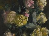 tableau représentant un bouquet de fleurs dans un vase posé sur une table