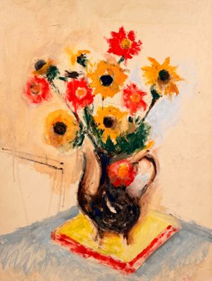 une peinture de fleurs dans un vase sur une table