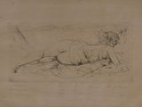 an old drawing of a woman laying down on a blanket