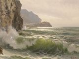 un tableau représentant des vagues se brisant contre une falaise rocheuse