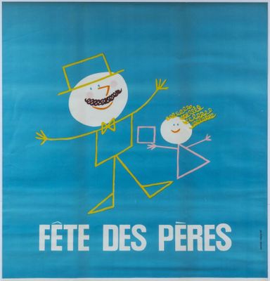 a blue and white poster with a man and a woman in a top hat