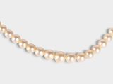a close up of a pearl necklace on a white background
