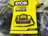 a bag with a yellow tag on it sitting on a bed