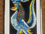 a painting of a blue dragon with yellow and red feathers