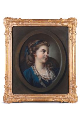a painting of a woman in a blue dress in a gold frame