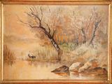 an image of a painting of a horse in a field next to a body of water