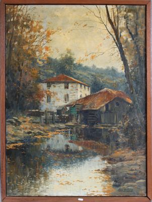 une peinture à l'huile représentant une maison au bord d'une rivière, dans un environnement boisé