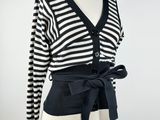 black and white striped cardigan sweater with belt