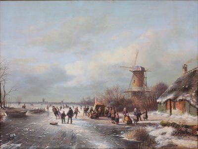 un tableau représentant des personnes sur une rivière gelée, avec un moulin à vent en arrière-plan