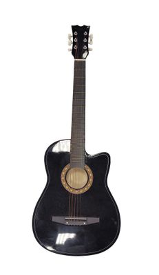 an image of a black acoustic guitar on a white background