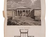 an old book with a drawing of a building on it