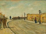 tableau représentant un homme marchant dans la rue à côté d'un lampadaire