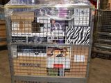 a metal cart with several boxes on it in a warehouse