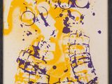 a yellow and purple painting on a white background with a black frame