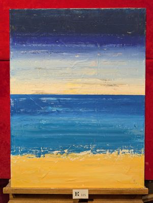 une peinture à l'huile représentant une scène de plage avec un mur rouge