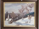 an oil painting of a snowy landscape with a house in the background