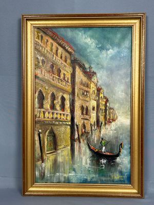 tableau représentant une gondole sur un canal, avec des bâtiments en arrière-plan