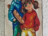 a painting of a boy and a girl holding a baseball bat