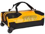 un gros plan sur un sac de voyage jaune et noir à roulettes
