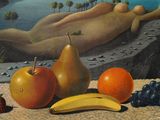 a painting of a banana, oranges, and grapes on the ground