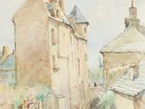 an image of a watercolor painting of a river running through a town
