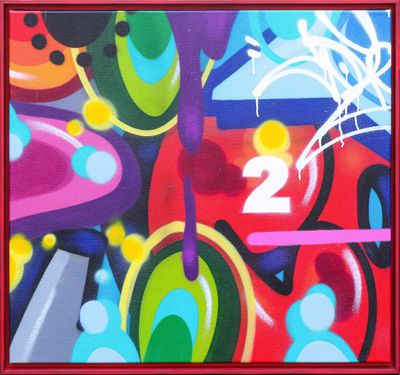 painting of a colorful abstract painting of a number two on a red background
